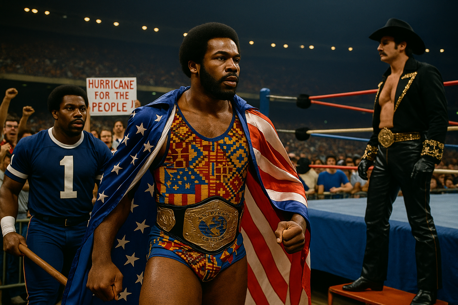 Harlem Hurricane escorted to the ring by Gridiron Gregory Harris